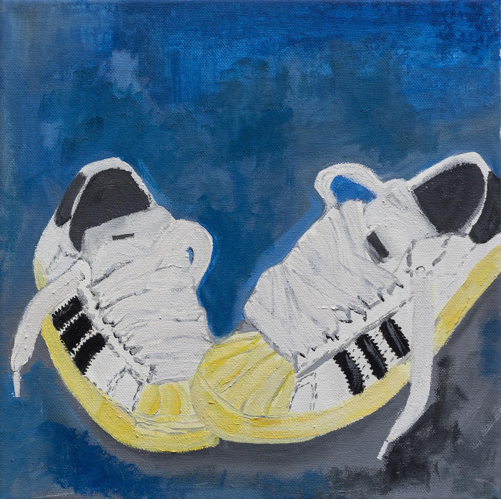 Painting by Macanache of white Adidas-style sneakers on blue background
