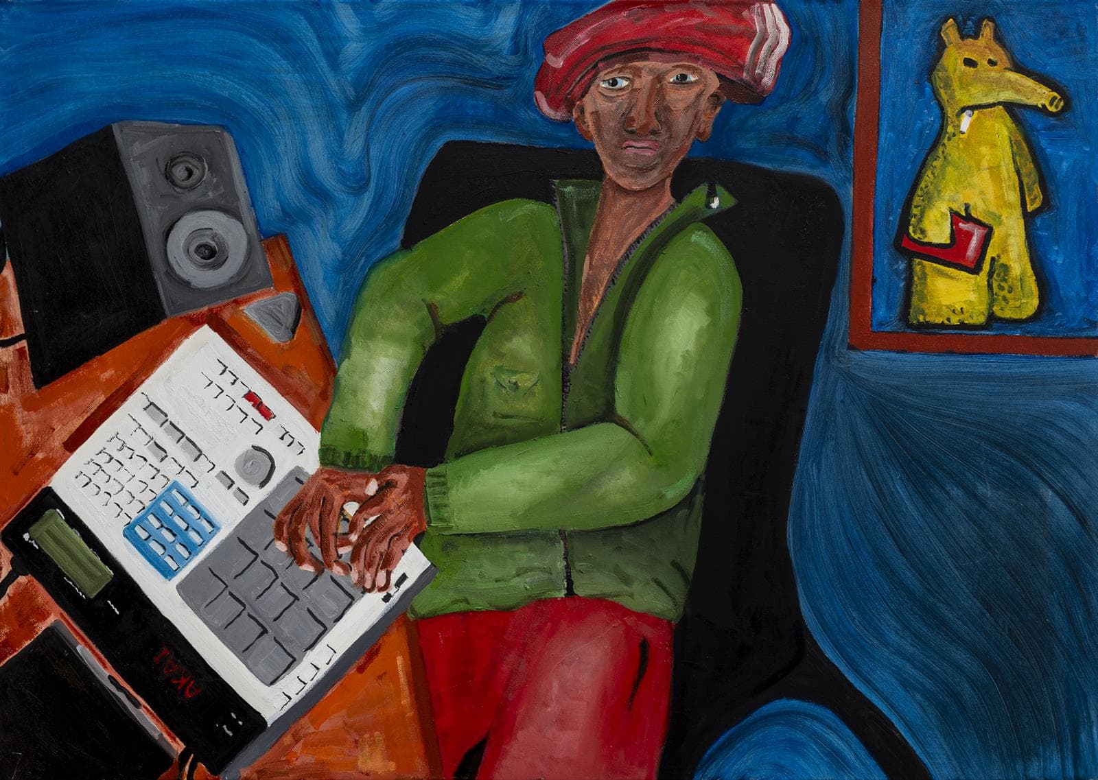 Painting by Macanache of a beatmaker working on an Akai-style sampler