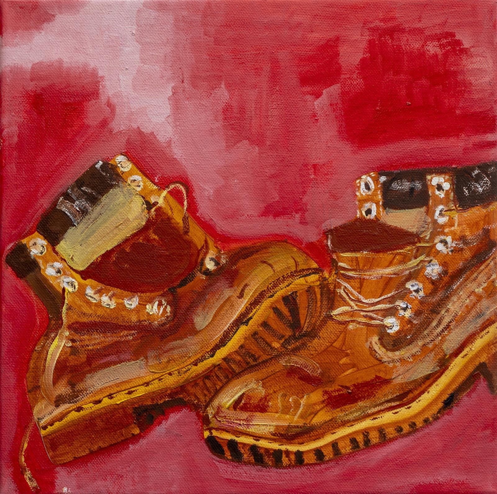 Painting by Macanache of boots on red background