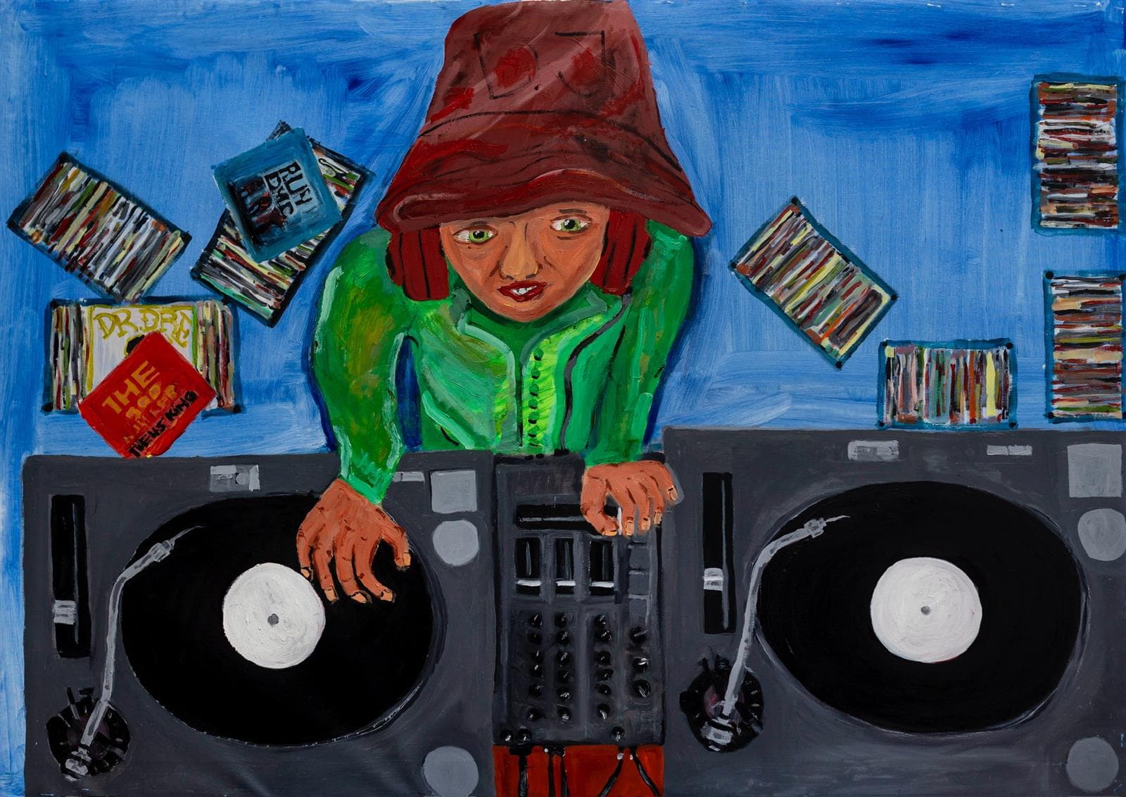 Painting by Macanache of a DJ with turntables and records