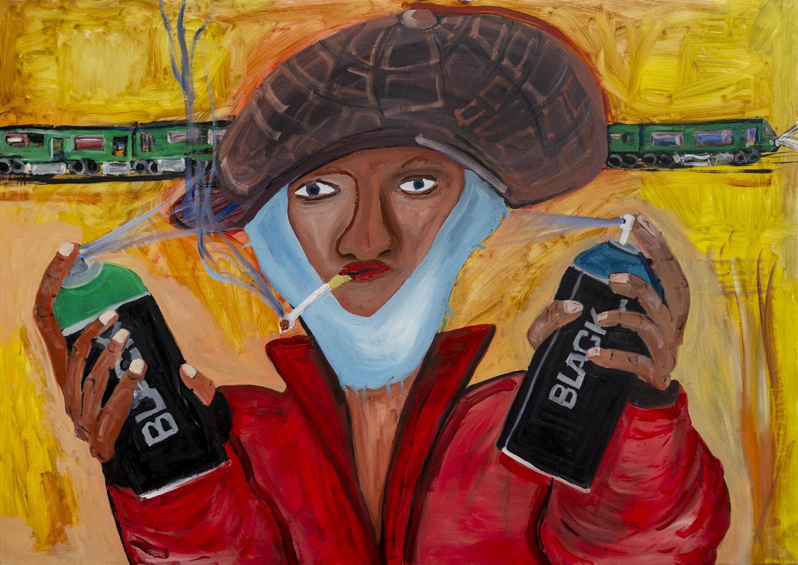 Painting by Macanache with spray cans, train and graffiti theme