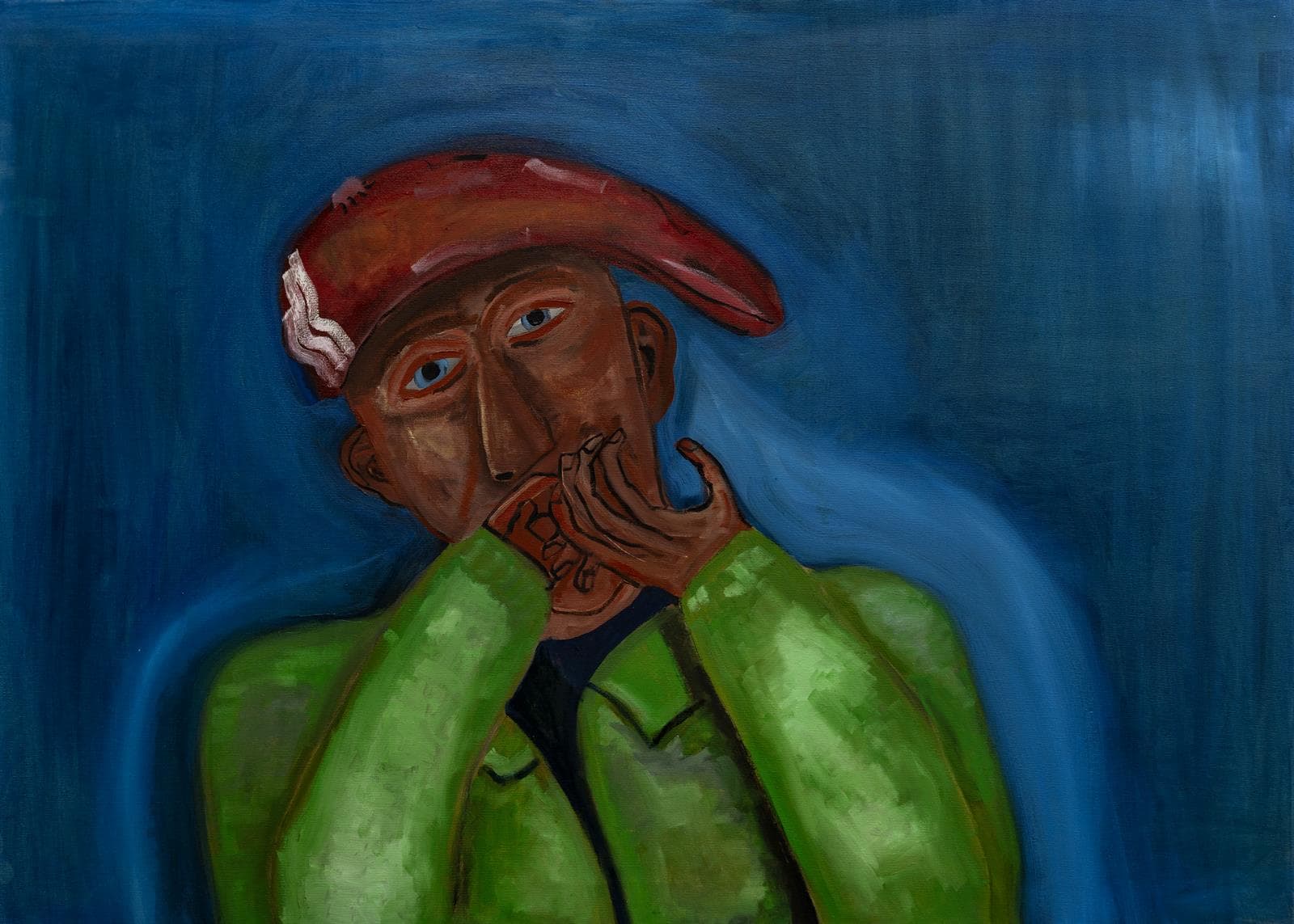 Painting by Macanache of a character wearing a green jacket and red cap