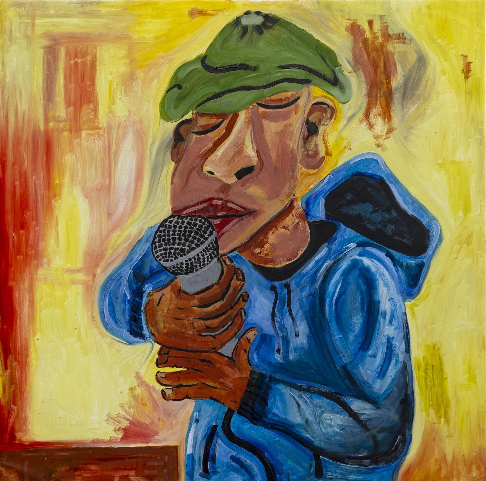 Painting by Macanache of a rapper holding a microphone
