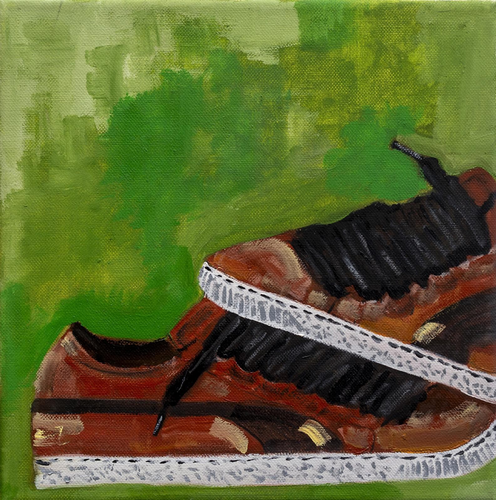 Painting by Macanache of brown sneakers on green background